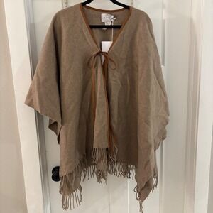 NWT SLEEPER Medusa Wool Poncho Brown Leather Tie Fringe Size‎ Small/Medium Soft